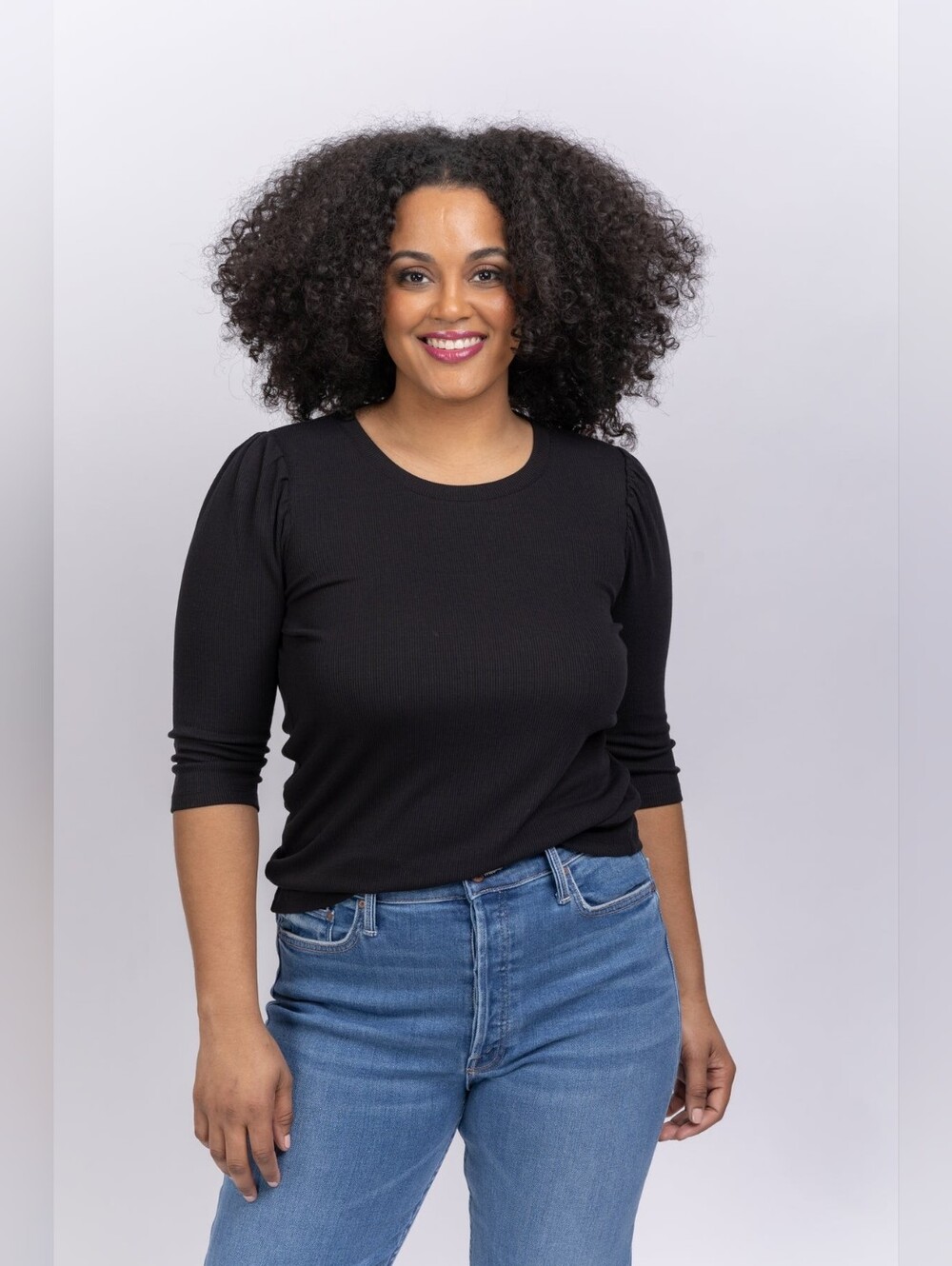 Nic + Zoe | Black Drapey Rib Puff Sleeve Tee Size Large